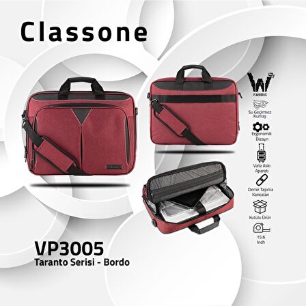 Classone Taranto VP3005 15.6"Su geçirmez kumaş, Notebook,Laptop Çantası-Bordo