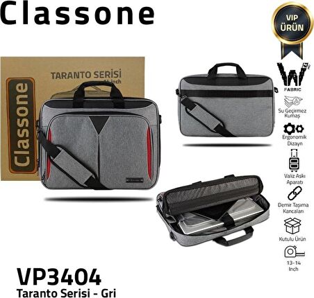 Classone Taranto VP3404 14" Su Geçirmez Kumaş, Notebook, Laptop El  Çantası-Gri