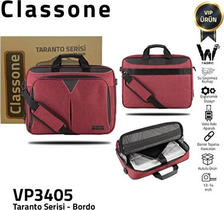 Classone Taranto VP3405 14" Su geçirmez kumaş ,Notebook,Laptop Çantası-Bordo