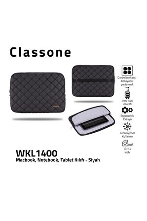 Classone Wkl1400 13-14"ınch Macbook Notebook,Laptop Tablet Kılıfı Siyah