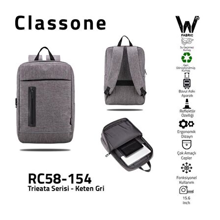 Classone RC58-154Triesta 15.6" Su Geçirmez Notebook Sırt Çantası Gri