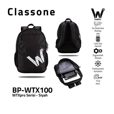 Classone BP-WTX100 Energy Serisi 15.6"Su Geçirmez Kumaş Laptop, Notebook Sırt Çantası Siyah