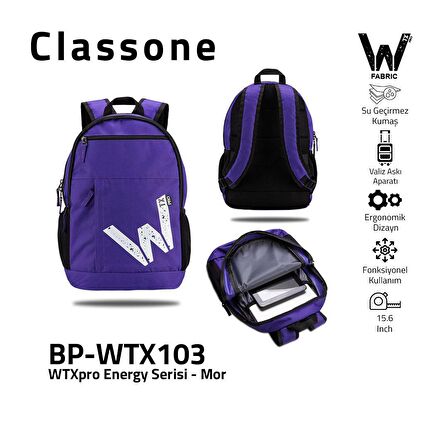 Classone BP-WTX103 Energy Serisi 15.6"Su Geçirmez Kumaş Laptop, Notebook Sırt Çantası Mor