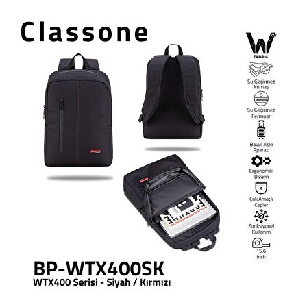 Classone BP-WTX400SK 15,6" Su Geçirmez Kumaş Fermuar Notebook Laptop Sırt Çantası Siyah Kırmızı