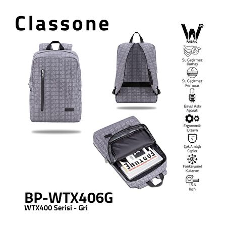 Classone BP-WTX406G 15,6" Su Geçirmez Kumaş Fermuar Notebook Laptop Sırt Çantası Gri