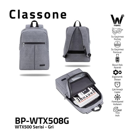 Classone BP-WT508G 15,6" Su Geçirmez Kumaş Fermuar  Notebook Laptop Sırt  Çantası Gri