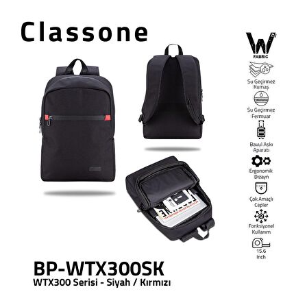 Classone BP-WTX300SK 15,6"Su Geçirmez Kumaş Fermuar Notebook Sırt Çantası Siyah Kırmızı