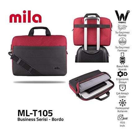 Mila ML-T105 Business 15.6"Su Geçirmez Kumaş Fermuar Notebook Çantası Bordo