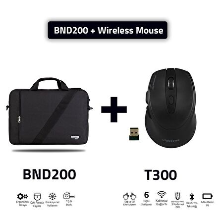 Classone Bnd200 Eko Serisi 15,6 Inç Laptop Notebook El Çantası Siyah T300 Kablosuz Mouse