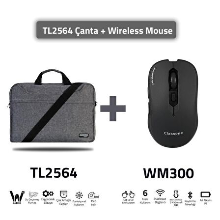 Tl2564-wm300-15,6" Su Geçirmez Kumaş ,laptop ,notebook Çantası-siyah +wm300 Kablosuz Mouse