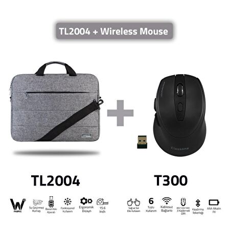 Classone TL2004 Wtxpro Su Geçirmez Kumaş 15,6" Notebook Çantası + t300 Kablosuz Mouse