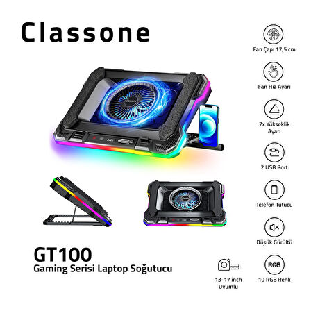 Classone GT100 Telefon Tutuculu 10 RGB Işıklı Gaming Oyuncu Laptop Soğutucu