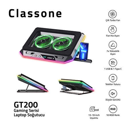 Classone Gaming GT200 Laptop Soğutucu Notebook Stand,10 RGB ışık kontrolü , 15.6 -17 inch , Hız kontrolü , 2 Büyük fan ,Telefon standı, 2 USB