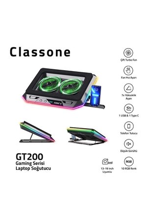 Classone Gaming Gt200 Laptop Soğutucu Notebook Stand,3000 Rpm, 10 Rgb Işık Kontrolü , 15.6 -17 Inch - OUTLET