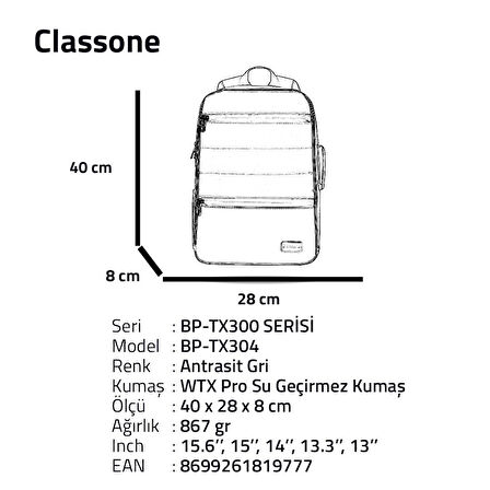 Classone BP-TX304 Combo Serisi 15,6 Su Geçirmez Kumaş ve Fermuar Notebook Laptop  Macbook  Sırt Çant