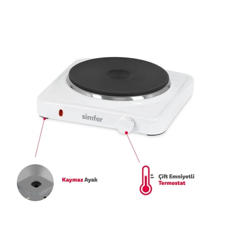 Simfer Hp1500w Beyaz Hot Plate Tek Gözü Elektrikli Ocak (Çift Emniyetli Termostat , 1500W Krom Çember)