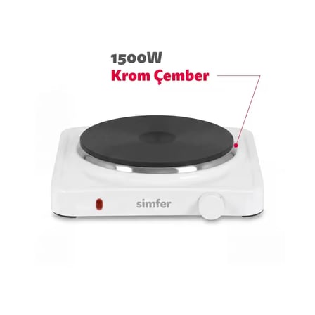 Simfer Hp1500w Beyaz Hot Plate Tek Gözü Elektrikli Ocak (Çift Emniyetli Termostat , 1500W Krom Çember)