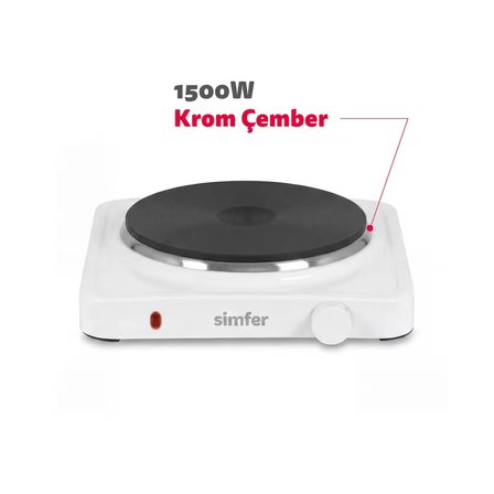 Simfer Hp1500w Beyaz Hot Plate Tek Gözü Elektrikli Ocak (Çift Emniyetli Termostat , 1500W Krom Çember)