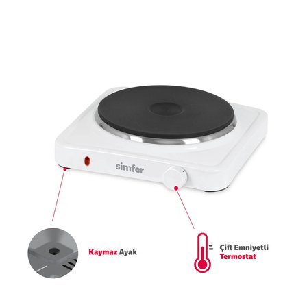 Simfer Hp1500w Beyaz Hot Plate Tek Gözü Elektrikli Ocak (Çift Emniyetli Termostat , 1500W Krom Çember)