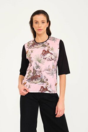 Tropikal Desen Basılı T-shirt Bluz