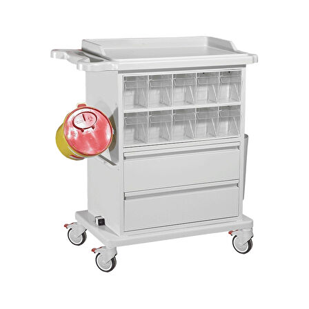 CPR Tahtalı Pansuman Arabası | Metal Gövde, ABS Tezgah, İlaç Gözlü, Elektrik Prizli E-256/A