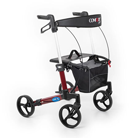 Comfort Plus Rolatör Yürüteç Bordo | Alüminyum Şase, Katlanabilir Frenli 8'' Tekerlekli, Oturaklı ve Sepetli Lux Model, Spirit-X3
