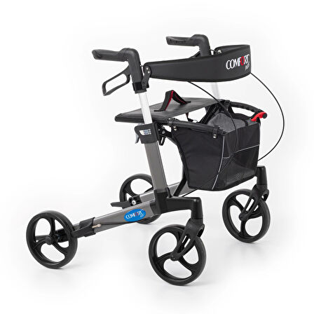 Comfort Plus Rolatör Yürüteç Gri | Alüminyum Şase, Katlanabilir 8” Frenli Tekerlekli, Oturaklı ve Sepetli Lux Model, Spirit-X3
