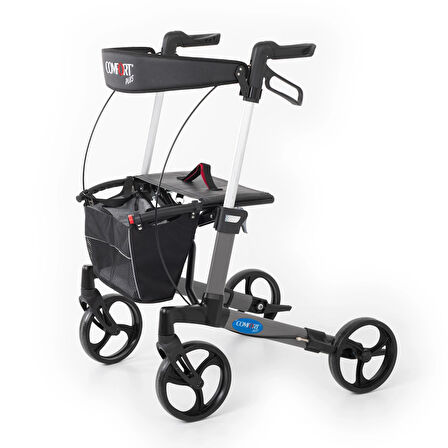 Comfort Plus Rolatör Yürüteç Gri | Alüminyum Şase, Katlanabilir 8” Frenli Tekerlekli, Oturaklı ve Sepetli Lux Model, Spirit-X3