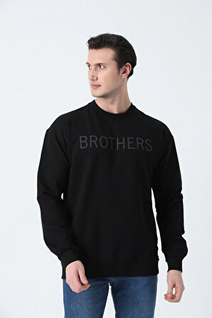 BROTHERS ERKEK OVERSIZE BİSİKLET YAKALI 2 İPLİK PENYE SWEATSHIRT SİYAH