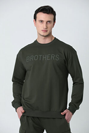 BROTHERS ERKEK OVERSIZE BİSİKLET YAKALI 2 İPLİK PENYE SWEATSHIRT HAKİ YEŞİLİ