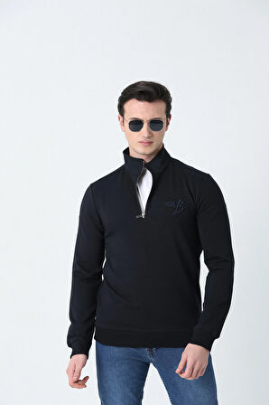 BROTHERS ERKEK DİK YAKALI YARIM METAL FERMUARLI 2 İPLİK PENYE SWEATSHIRT LACİVERT