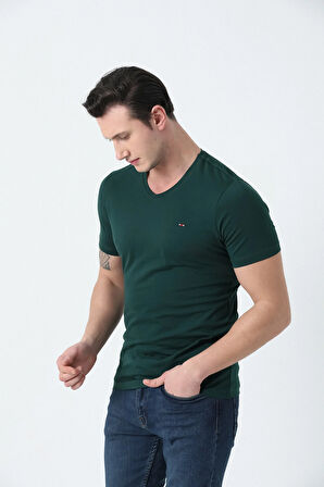 BROTHERS ERKEK V YAKALI  LOGO NAKIŞLI LİKRA SÜPREM BASIC T-SHIRT ORMAN YEŞİLİ