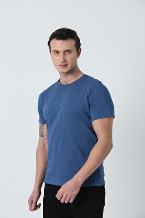 BROTHERS ERKEK BİSİKLET YAKA  LOGO NAKIŞLI BASIC LİKRA SÜPREM T-SHIRT İNDİGO MAVİ