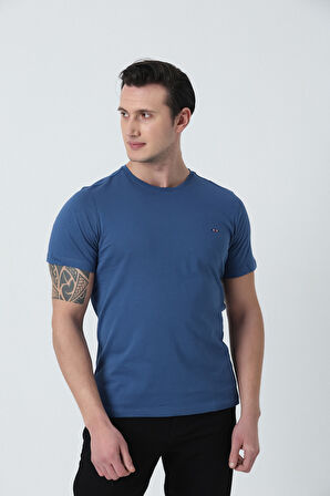 BROTHERS ERKEK BİSİKLET YAKA  LOGO NAKIŞLI BASIC LİKRA SÜPREM T-SHIRT İNDİGO MAVİ