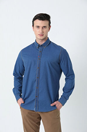 BROTHERS ERKEK TAILORED FIT UZUN KOL YIKAMALI KARE DESENLİ DENIM KUMAŞ GÖMLEK MAVİ