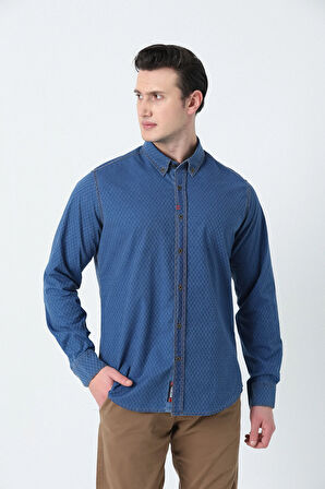 BROTHERS ERKEK TAILORED FIT UZUN KOL YIKAMALI KARE DESENLİ DENIM KUMAŞ GÖMLEK MAVİ