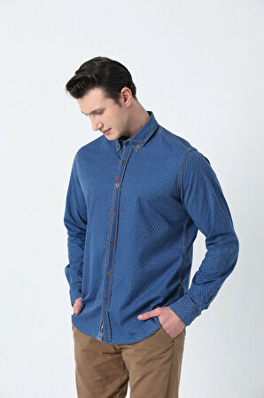 BROTHERS ERKEK TAILORED FIT UZUN KOL YIKAMALI KARE DESENLİ DENIM KUMAŞ GÖMLEK MAVİ