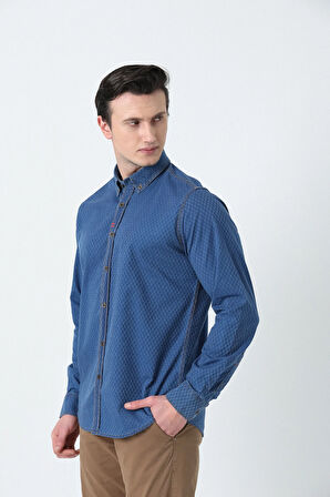 BROTHERS ERKEK TAILORED FIT UZUN KOL YIKAMALI KARE DESENLİ DENIM KUMAŞ GÖMLEK MAVİ