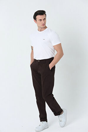 BROTHERS ERKEK COMFORT FIT NORMAL BEL DÜZ PAÇA YAN CEPLİ ESNEK GABARDİN DOKUMA CHINO PANTOLON KAHVERENGİ