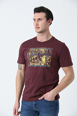 BROTHERS ERKEK BİSİKLET YAKA BASKILI KOTON T-SHIRT BORDO