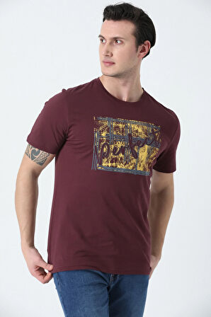 BROTHERS ERKEK BİSİKLET YAKA BASKILI KOTON T-SHIRT BORDO