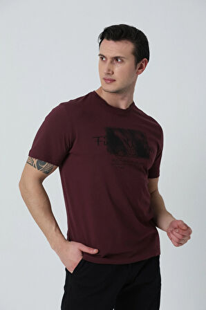 BROTHERS ERKEK BİSİKLET YAKA BASKILI KOTON T-SHIRT BORDO