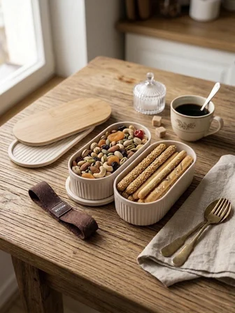 Wenken Bambu Kapaklı 2 Katlı Sefer Tası - Çizgili Tasarım Bölmeli Beslenme Çantası Lunch Box