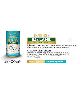 Nutri Canin 400Gr %92 Kuzu Etli Tatlı Patatesli HipoAlerjenik Tahılsız 12Adet Yavru Yaş Köpek Maması