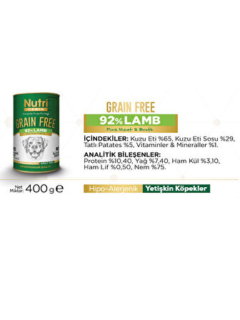 Nutri Canin 400Gr %92 Kuzu Etli Tatlı Patatesli Hipo Alerjenik Tahılsız 12Adet Yaş Köpek Maması