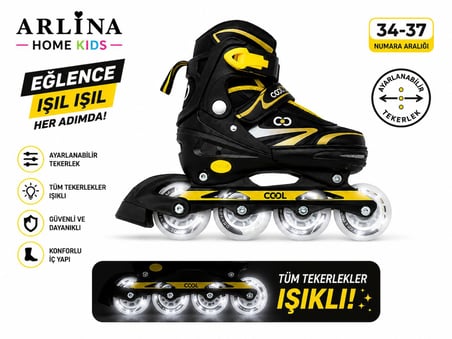 Arlina Home Kids Paten Sarı 34-37 Led Işıklı Ayarlanabilir