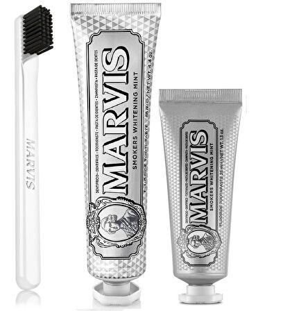 Marvis Smokers Whitening Mint Nane Aromalı Beyazlatma Doğal Diş Macunu 85 ml & Diş Macunu 25 ml ve Diş Fırçası 