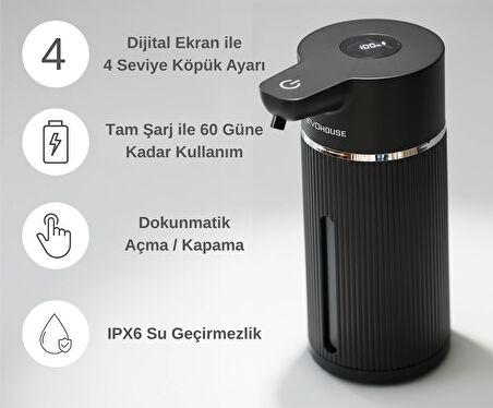 Evo House Otomatik Sensörlü Köpük Sıvı Sabunluk - Şarjlı- Dijital LED Ekran - Duvara Monte - E15 Model