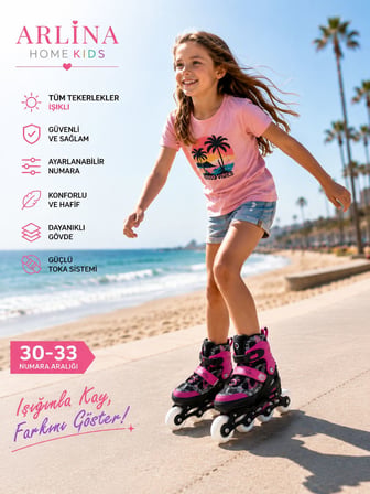 Arlina Home Kids Paten Pembe 30-33 Ayarlanabilir Işıklı