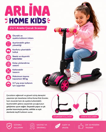 Combo Oturaklı 3 Tekerlekli Katlanabilir Led Işıklı Scooter Pembe